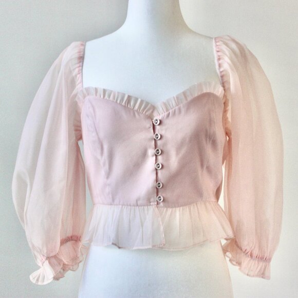 Vestique Coquette Light Pink Sheer Ruffle Crop Top Sweetheart Puff Blouse Small - Picture 1 of 12